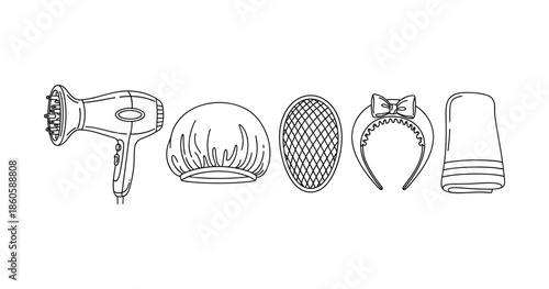 Line art collection of hair dryer, shower cap, sponge, headband, and towel
