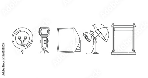 Outline of photography equipment: ring light, tripod, softbox, studio light, backdrop stand