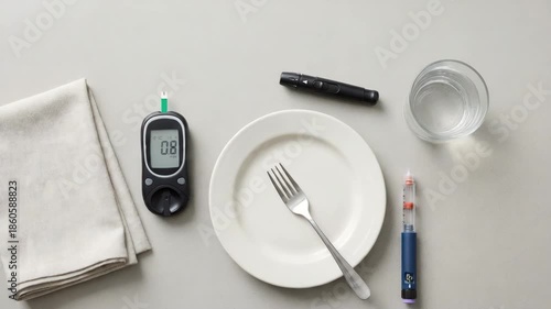 Diabetes management tools with plate, cutlery, and water glass  