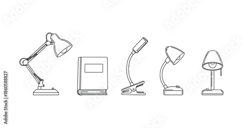 Line art of desk lamps and book outline on white background