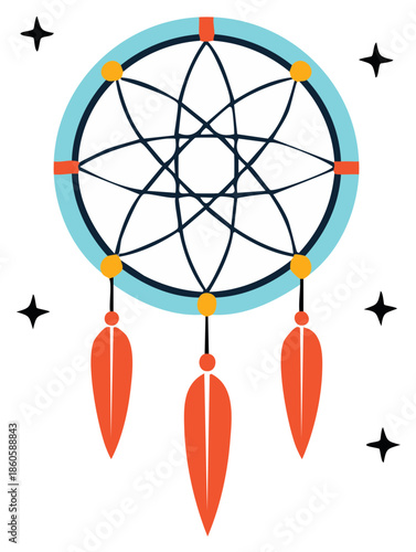 Stylized dreamcatcher vector illustration with feathers and stars. Spiritual native american amulet for good dreams.