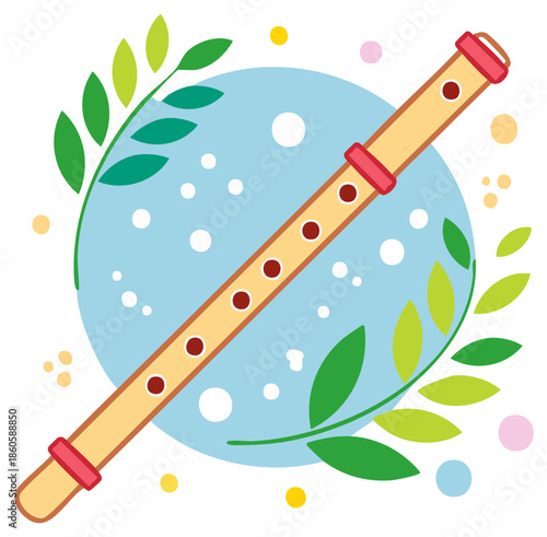 Musical wind instrument flute vector art with natural green leaves and a serene light blue circle design