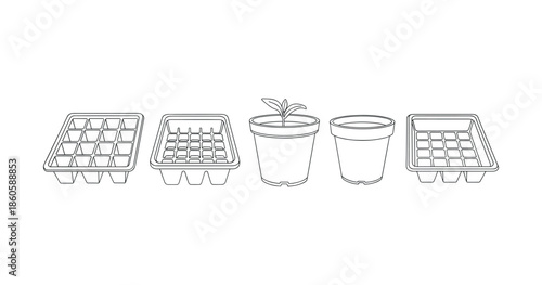 Empty seed trays and pots with plant sprout in black and white line art