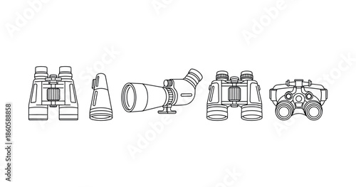 Set of monochrome line art binoculars and telescopes on white background