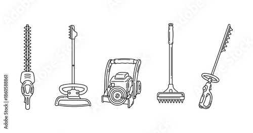 Black and white outlined garden tools: hedge trimmers, lawn mower, rake
