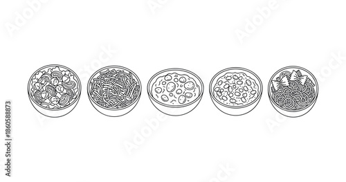 Monochrome illustration of five diverse bowls of pasta