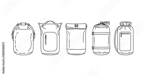 Outline drawings of five different backpack styles in a row