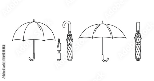 Simple black and white umbrella illustrations with open and closed designs
