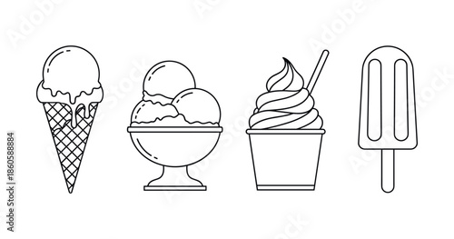 Line art of various ice cream types including cone, cup, soft serve, and popsicle
