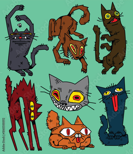 Set of Crazy and Angry Cats. Vector Collection of Weird Feline Characters.