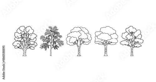 Variety of tree illustrations in black and white design