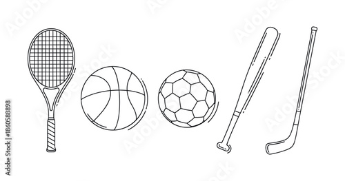 Outline illustrations of sports equipment: tennis racket, basketball, soccer ball, baseball bat, hockey stick