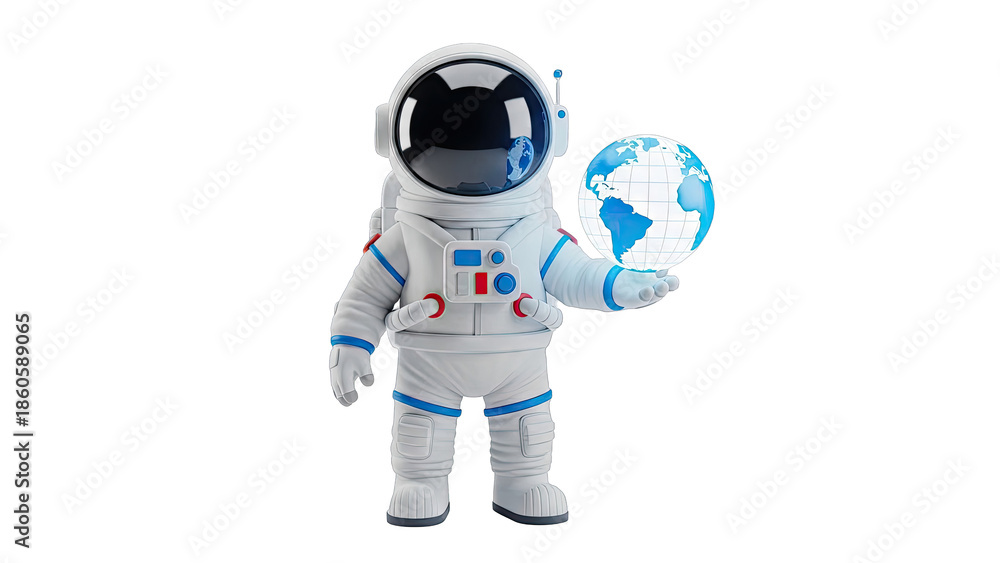 Fototapeta premium Astronaut Holding Earth Globe on White Background