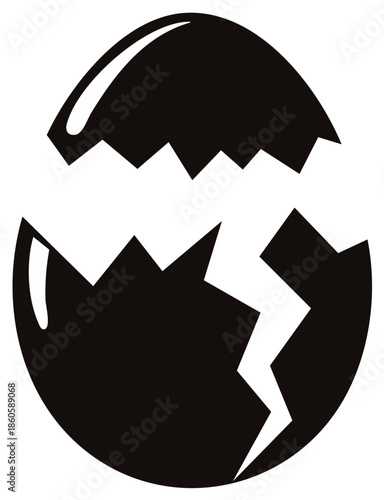 Simple black silhouette icon of a cracked egg hatching or broken for a new beginning or Easter theme