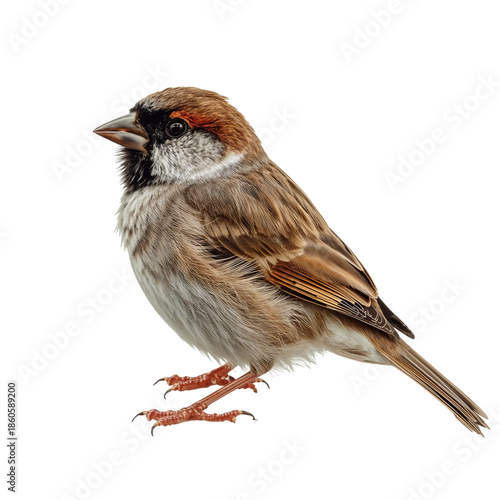 Bird With Red Cap Stands on White Background, Details of Body Clearly Visible...