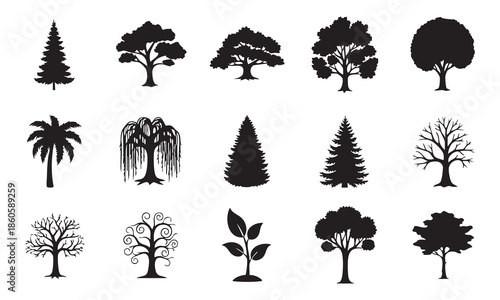 Collection of Black Tree Silhouettes on White Background