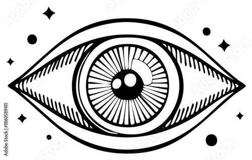 Black and white vector illustration of an eye with stars, ideal for design