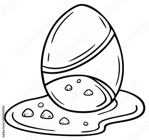 Broken egg with spilled yolk illustration, outline drawing
