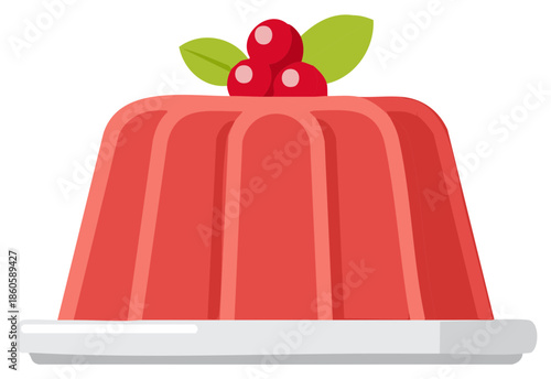 Vector illustration of a classic red jelly mold dessert with festive berry garnish