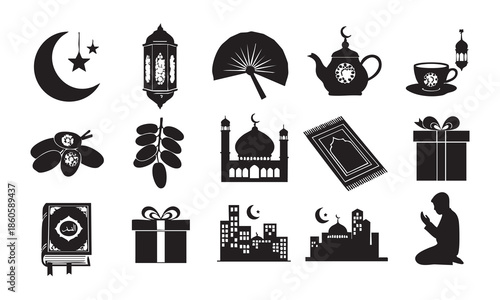 Ramadan Islamic Icons Crescent Moon Lantern Teapot Prayer Mat Gift Box Keywords: islam, ramadan, crescent moon, lantern, teapot, prayer mat, gift