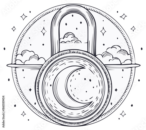 Mystical crescent moon and clouds through an arched gateway in a starry circular cosmos drawing