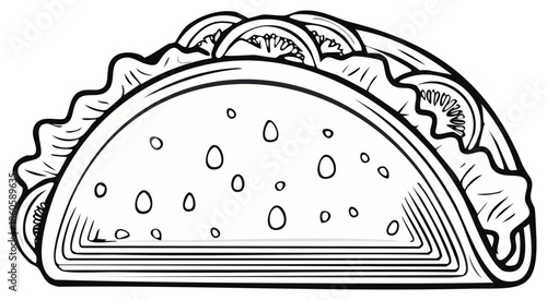 Line art illustration of a delicious looking taco with lettuce and sliced tomatoes, a fresh drawing.