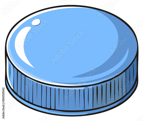 Cartoon illustration of a blue plastic bottle cap with ridged sides