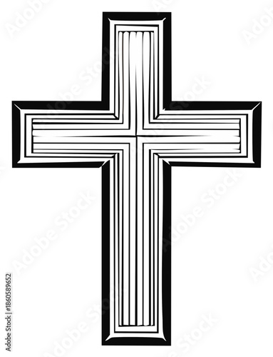 Black and white cross illustration, line art design, religious symbol, vector graphics.