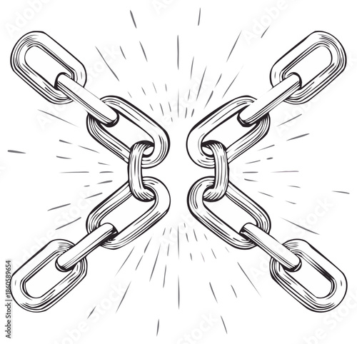 Four Metal Chain Links Intersecting in a Diamond Shape with Radial Burst Effect