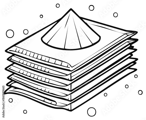 Outline illustration of stacked parcels topped with a traditional Asian conical hat and falling snow