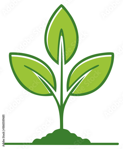 Green plant sprout with three leaves growing from soil, symbolizing growth and nature