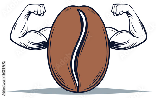 Strong coffee bean flexing arms. Strength and power concept. Cafe drink.