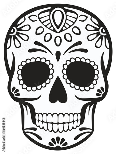 Ornate Skull Illustration for Day of the Dead Celebrations with Floral and Geometric Details Celebrating Mexican Heritage