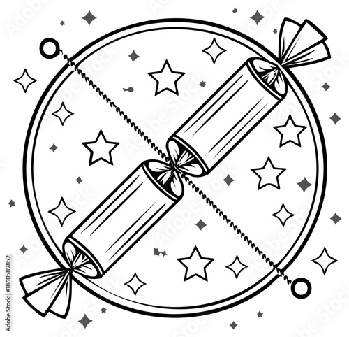Festive Christmas cracker pulled apart with stars and sparkles in a graphic black and white illustration
