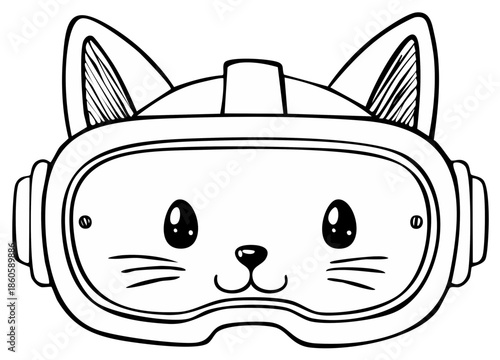 Adorable Hand Drawn Cartoon Cat Face Wearing Virtual Reality Headset for Futuristic Fun