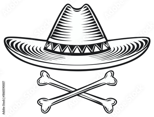 Illustration of a Mexican sombrero hat crossed with two bones