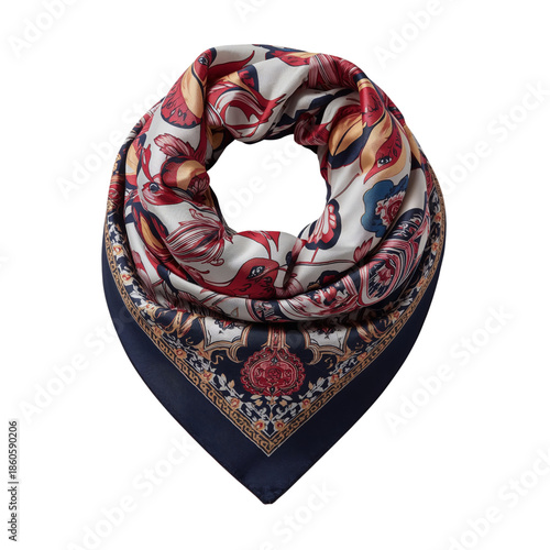 Colorful Scarf With Floral Patterns and Decorative Borders in a Circular Shap...