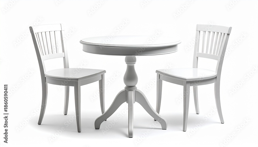 Fototapeta premium White pedestal table with two classic white chairs featuring curved legs and cross-back design.