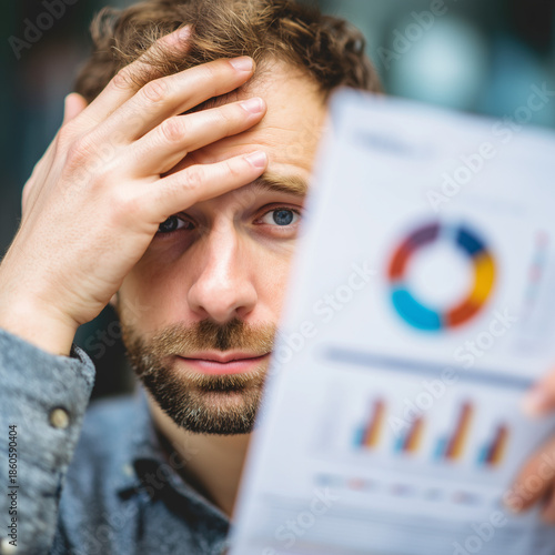 Hand holding financial report with worried expression.