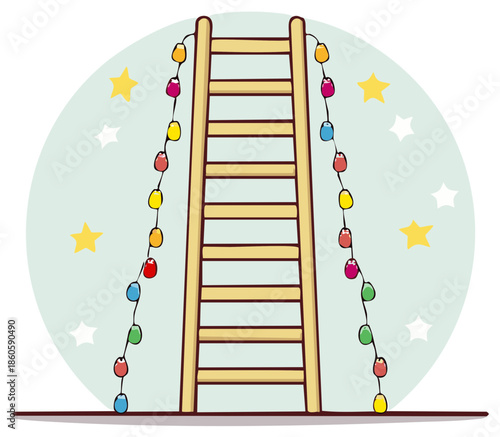 Wooden ladder decorated with colorful festive string lights and stars