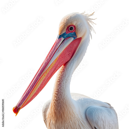 Pelican With Large Bill Stands Isolated Against White Background