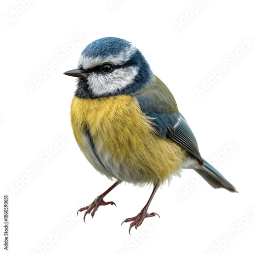 Blue and Yellow Bird Standing on a White Background With Clear Features