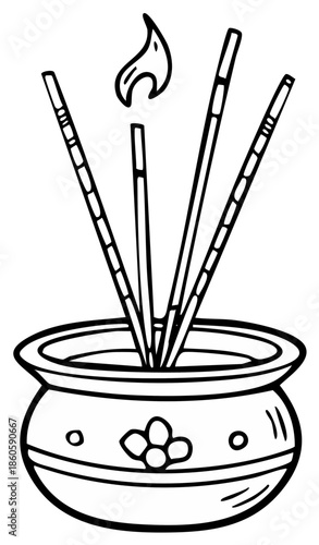 Incense sticks in a pot with burning flame, hand drawn aromatic fragrance in a vessel with flowers