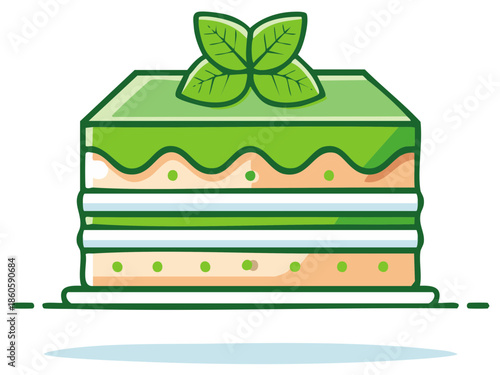 Cartoon illustration of a layered cake topped with green frosting and mint leaves
