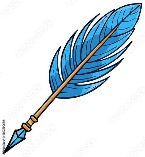 Stylized Quill Pen Illustration Blue Feather with Pointed Nib