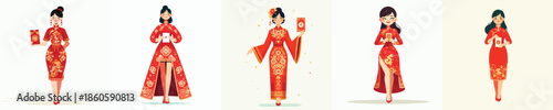 vector woman standing holding red envelope at chinese new year celebration