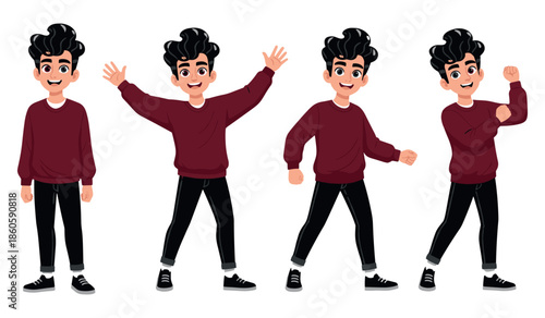 Animated young male character with curly hair in various poses on white background