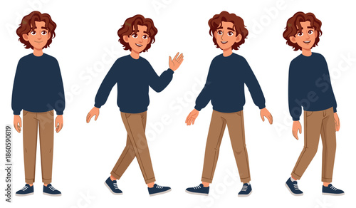 Young caucasian male cartoon character in various poses wearing casual outfit