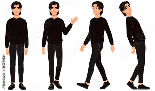 Young caucasian male character posing in various standing and walking positions