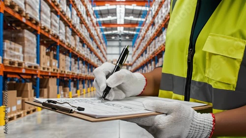 Warehouse worker inspects inventory using a clipboard and pen